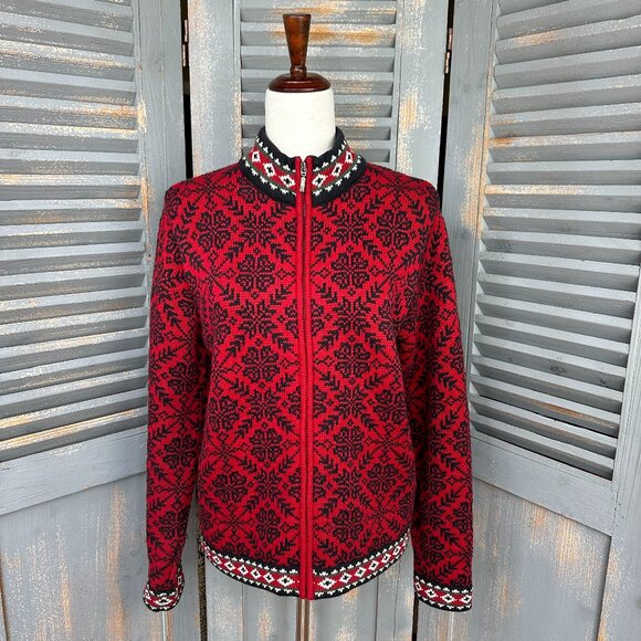 L.L. Bean Sweaters - L.L. Bean Vintage Nordic Fairisle Snowflake Zip Cardigan Sweater Red Sz S